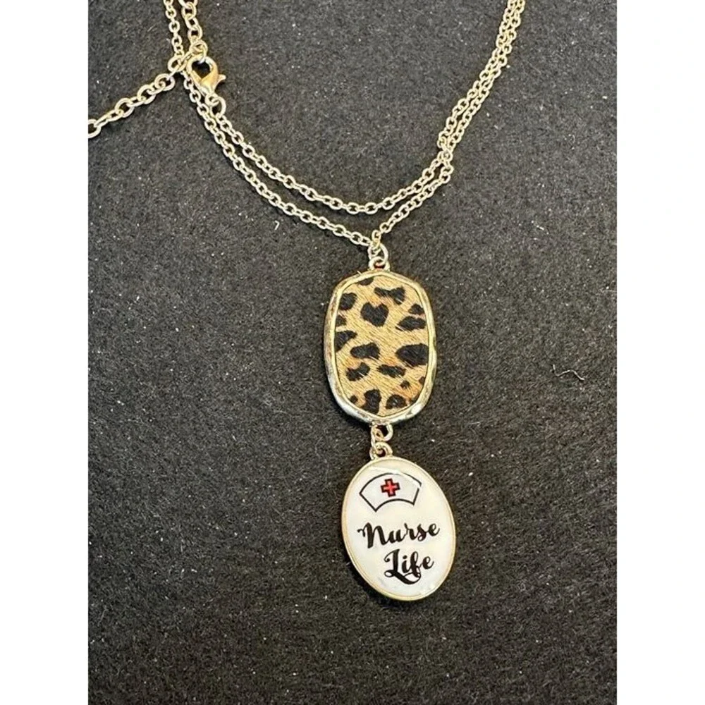 Justice Gold Nurse Life Leopard Print Double Chain Pendant Necklace NWT New